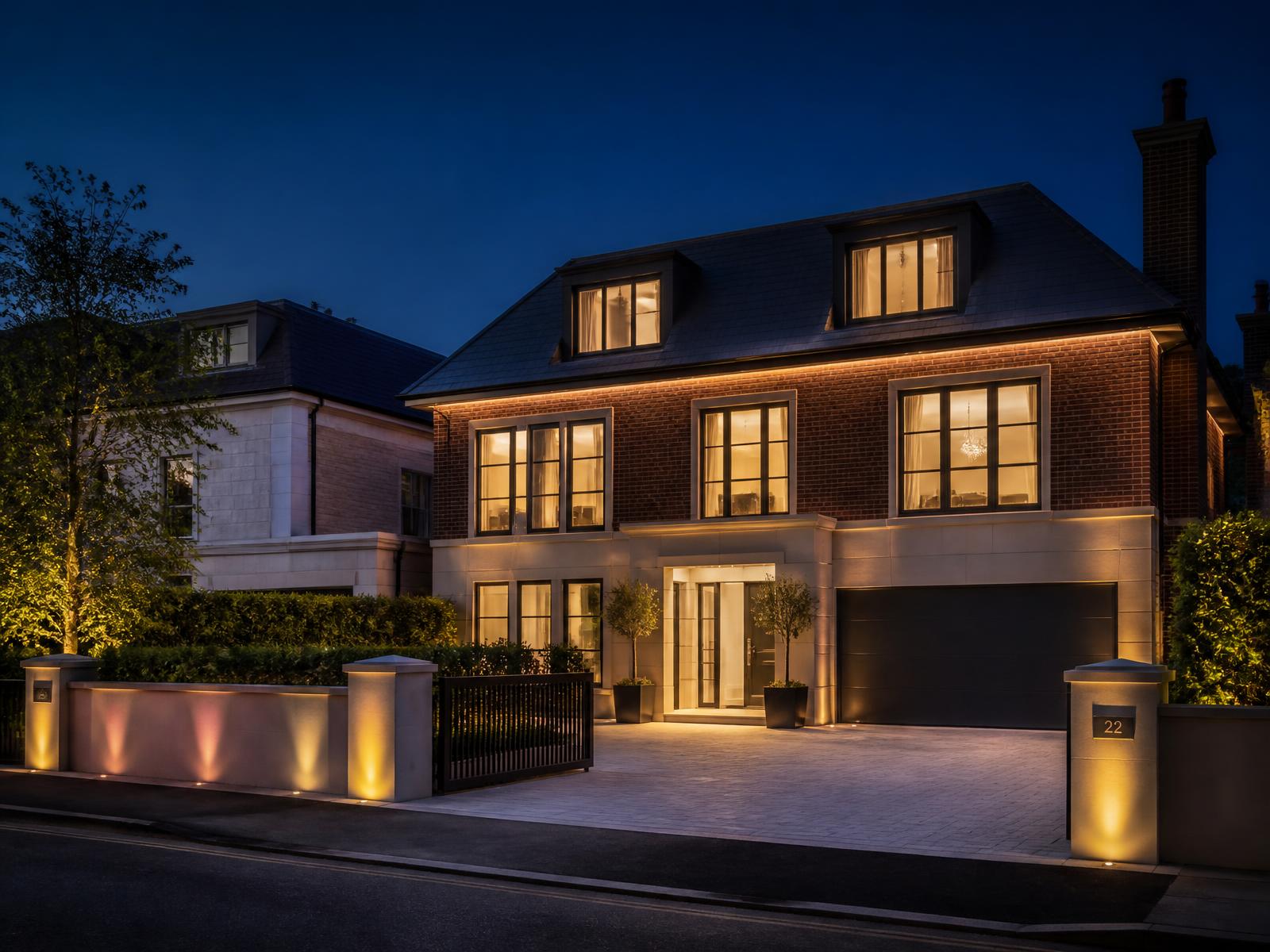 An elegant British residential property lit at dusk